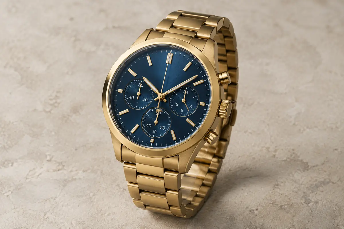 Montre chronographe Biden à cadran bleu, boîtier et bracelet métalliques dorés sur fond minéral ivoire.