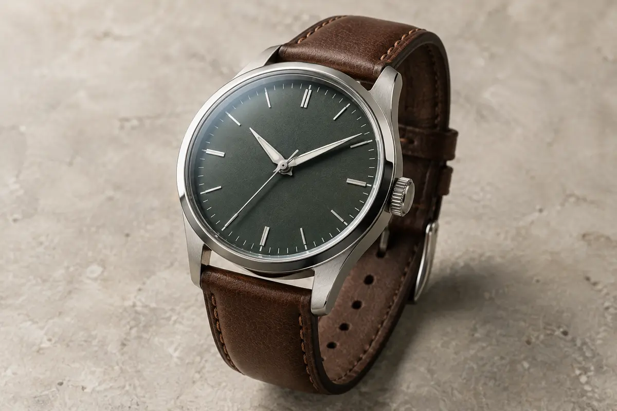 Montre Boyarca d’aviateur automatique avec boîtier en acier et bracelet en cuir marron, photographiée sur fond minéral.