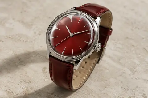 Montre mécanique Boyarca aux tons rouges et argentés, avec verre bombé et bracelet en similicuir