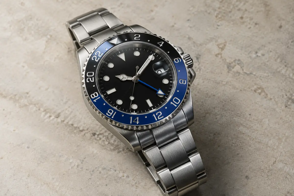 Montre GMT automatique à cadran noir, lunette céramique noire et bleue, boîtier et bracelet en acier sur fond minéral ivoire.