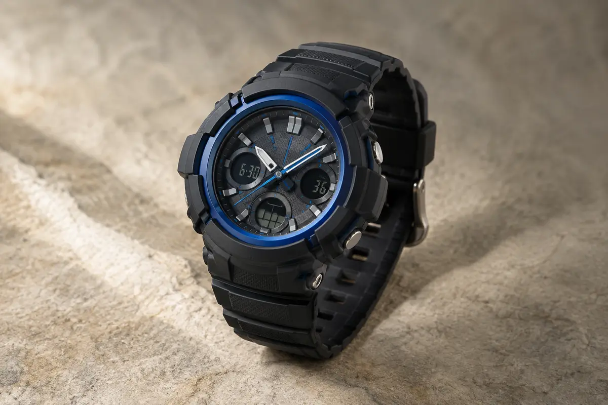 Montre Casio G-Shock noire et bleue à affichage analogique-numérique et bracelet en résine