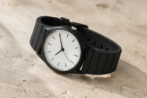 Montre Casio à quartz avec cadran blanc, boîtier rond en résine et bracelet noir léger.