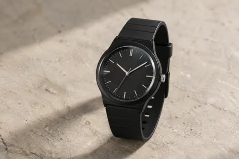 Montre Casio analogique à quartz en résine noire avec accents argentés, photographiée sur un fond minéral clair.