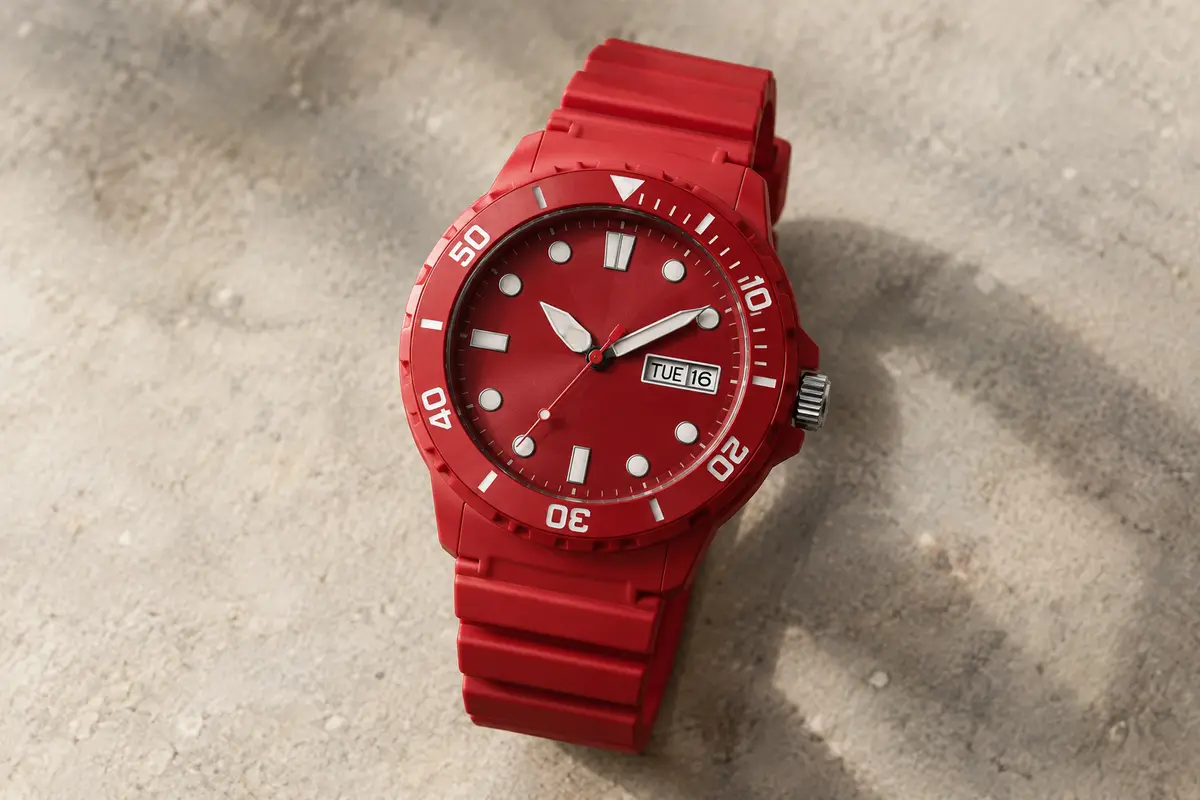 Montre analogique Casio à bracelet rouge en résine, cadran avec aiguilles et calendrier jour-date