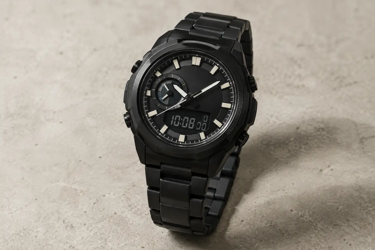 Montre Casio noire à affichage analogique et numérique, boîtier rond en résine et bracelet assorti
