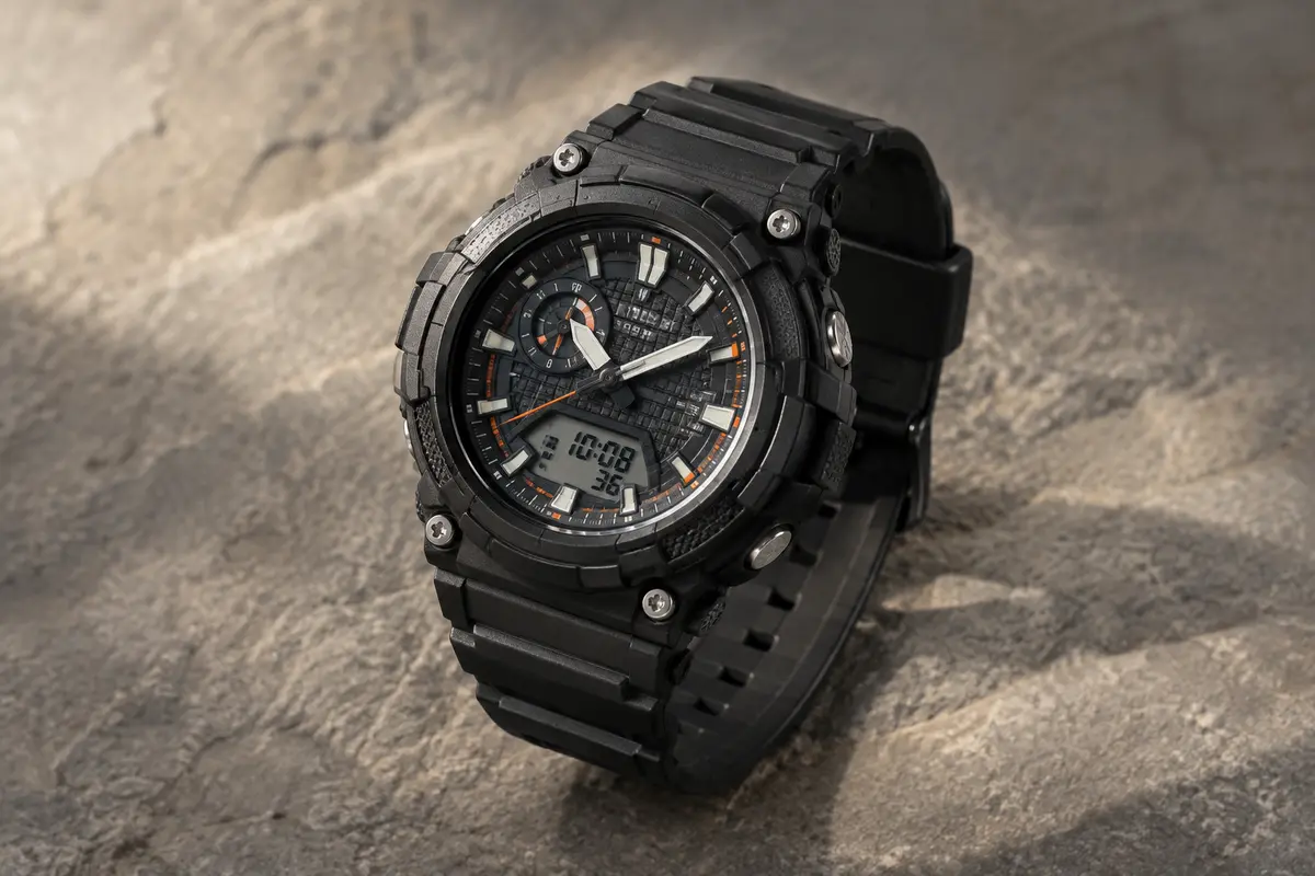 Montre solaire Casio AQ-S810W en résine noire, avec affichage analogique-numérique sur fond minéral gris