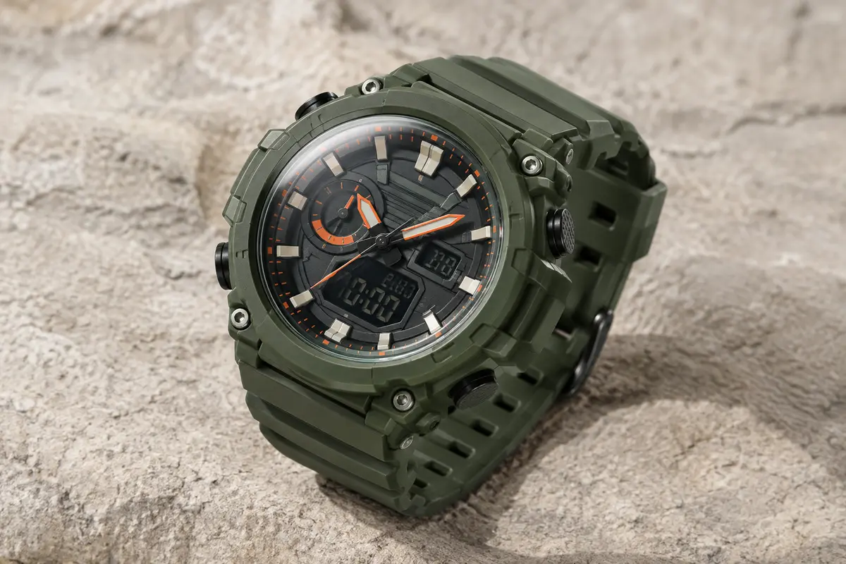 Montre Casio ana-digi à énergie solaire, boîtier vert et cadran sombre avec accents orange