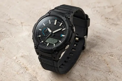 Montre Casio noire à affichage analogique-numérique et bracelet en caoutchouc sur fond minéral ivoire.