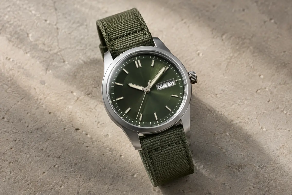 Montre solaire Casio à cadran vert, boîtier en acier, bracelet en toile et indicateur jour/date