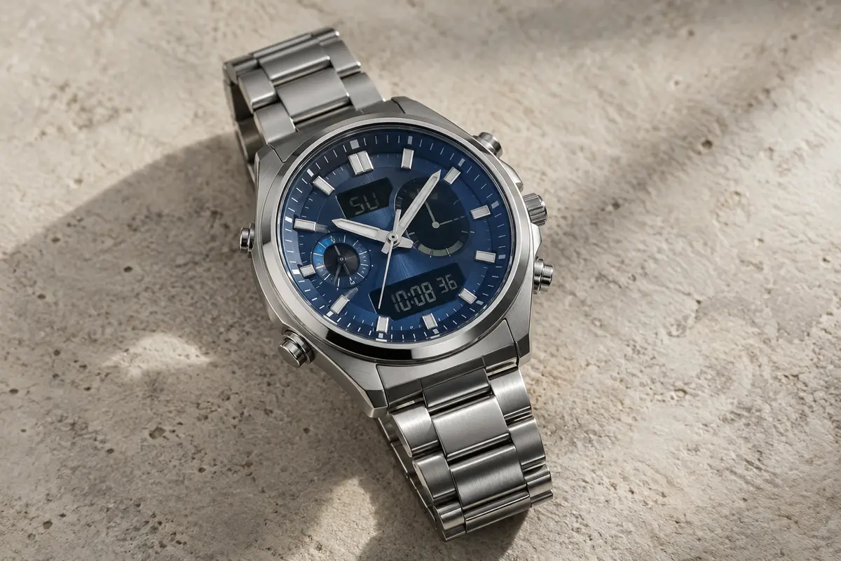 Montre Casio à cadran bleu analogique et digital avec bracelet en acier inoxydable argenté