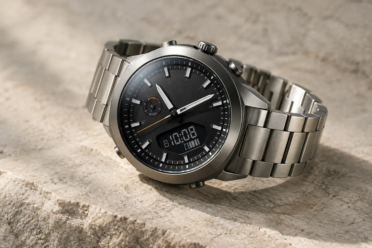 Montre à cadran noir analogique et numérique avec bracelet argenté en titane, photographiée sur un fond minéral.