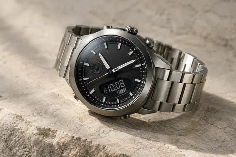 Montre à cadran noir analogique et numérique avec bracelet argenté en titane, photographiée sur un fond minéral.