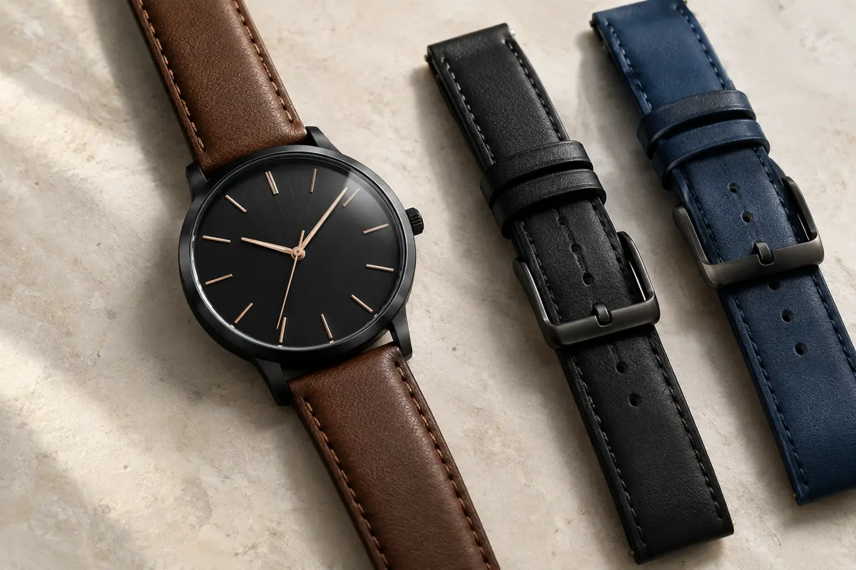 Montre à cadran noir et index rose doré, avec bracelet en cuir marron sur fond minéral ivoire