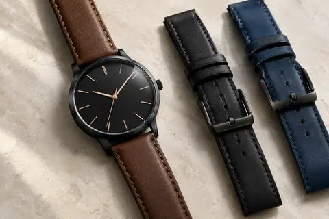 Montre à cadran noir et index rose doré, avec bracelet en cuir marron sur fond minéral ivoire