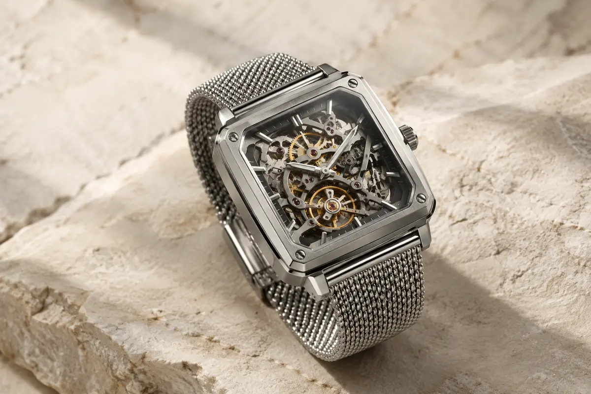 Montre automatique squelette carrée en acier argenté, cadran ajouré et bracelet milanais