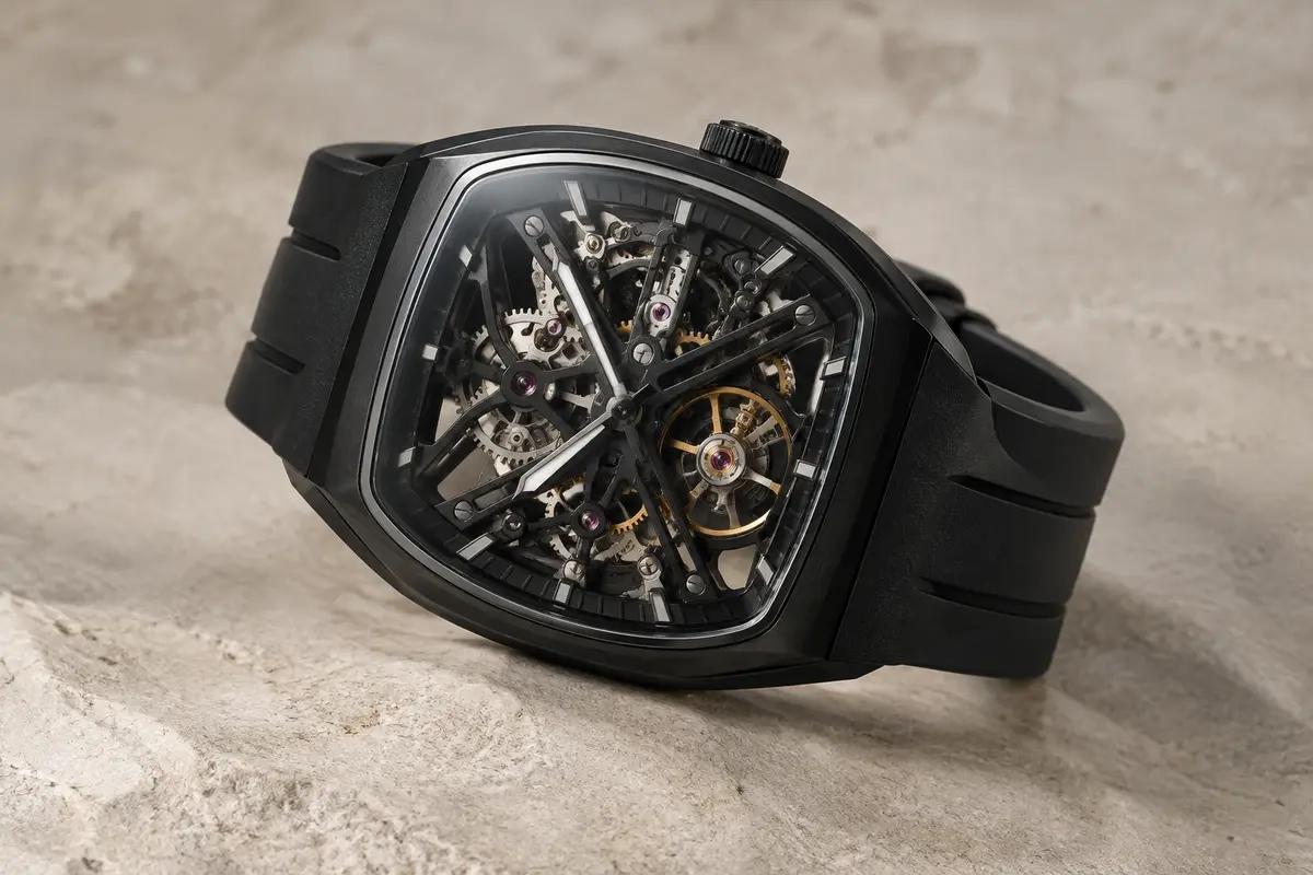 Montre automatique squelette CIGA avec cadran ajouré en X, boîtier biocéramique et bracelet en silicone noir.