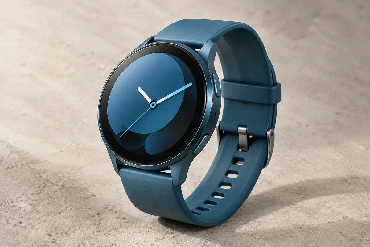 Montre connectée sportive bleue avec grand écran tactile couleur, photographiée sur un fond minéral clair.
