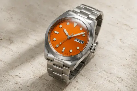 Montre automatique à cadran orange, affichage jour-date et bracelet en acier argenté