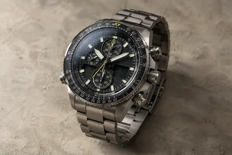 Montre pilote ana-digi à cadran noir, aiguilles lumineuses et bracelet métallique en titane