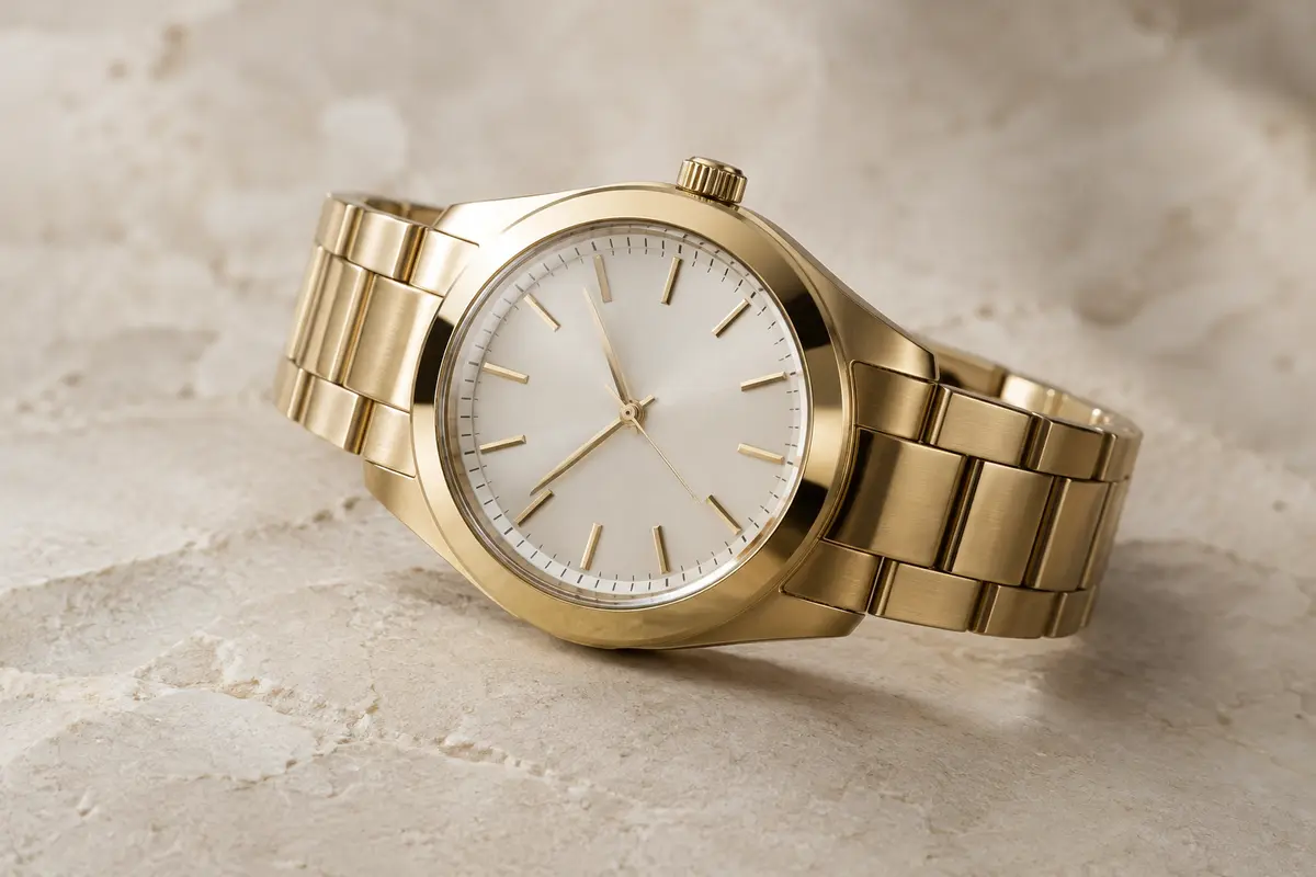 Montre Citizen solaire à aiguilles, avec boîtier couleur or et fond en acier, photographiée sur un fond minéral ivoire