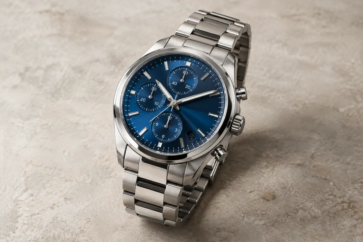 Montre chronographe Civo à cadran bleu, trois compteurs et bracelet métallique argenté