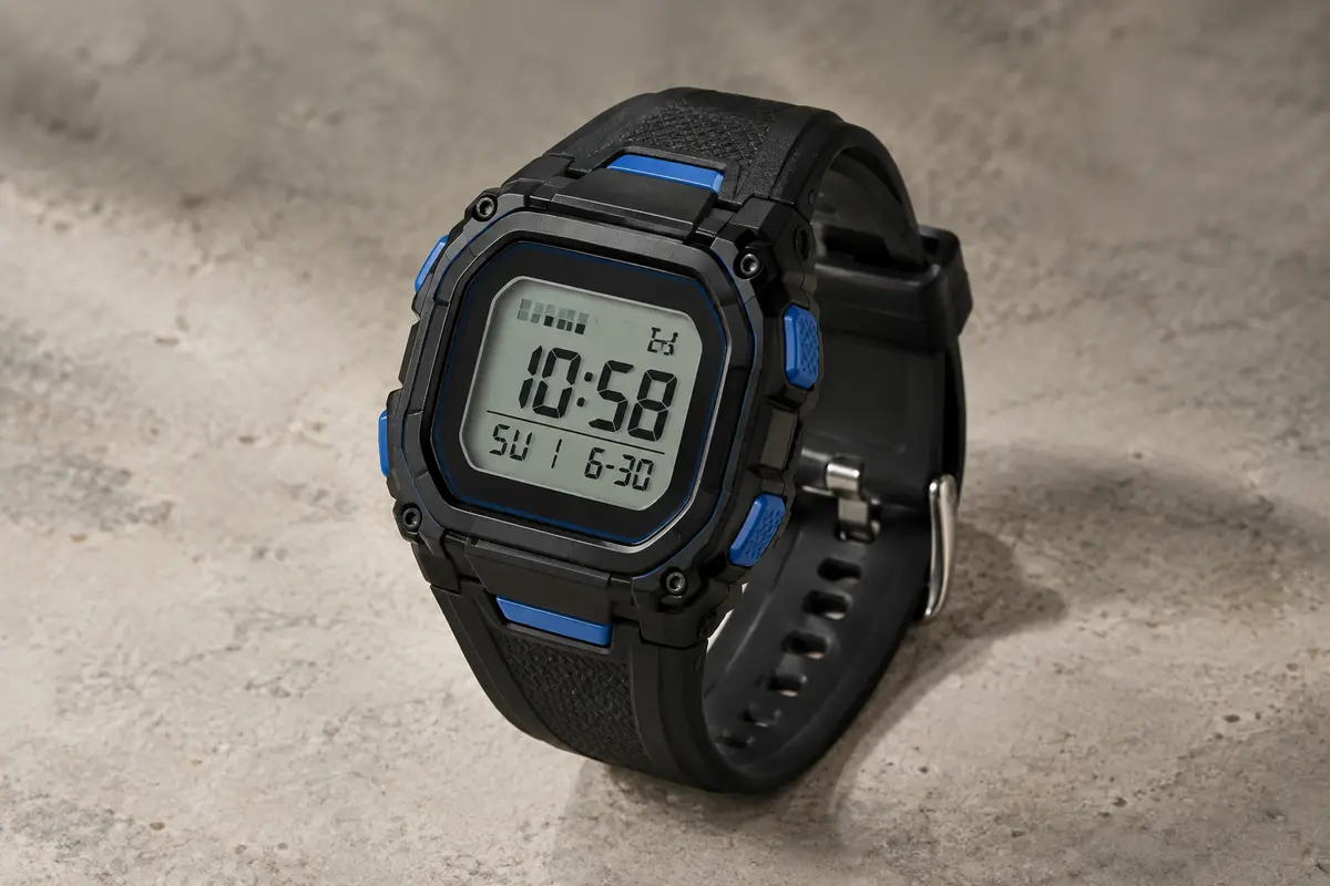 Montre digitale noire à bracelet en silicone, écran LCD et détails bleus, posée sur un fond minéral clair.