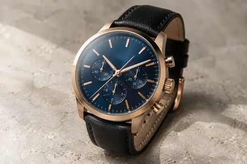 Montre chronographe à cadran bleu, accents or rose et bracelet en cuir noir sur fond minéral clair.