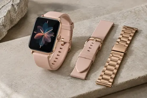 Montre connectée Fitonme à écran tactile, présentée avec ses bracelets en silicone et en acier inoxydable