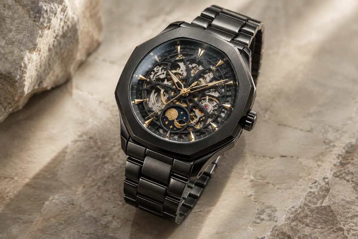 Montre automatique sombre à cadran ajouré, phase de lune dorée et bracelet en acier sur fond minéral clair
