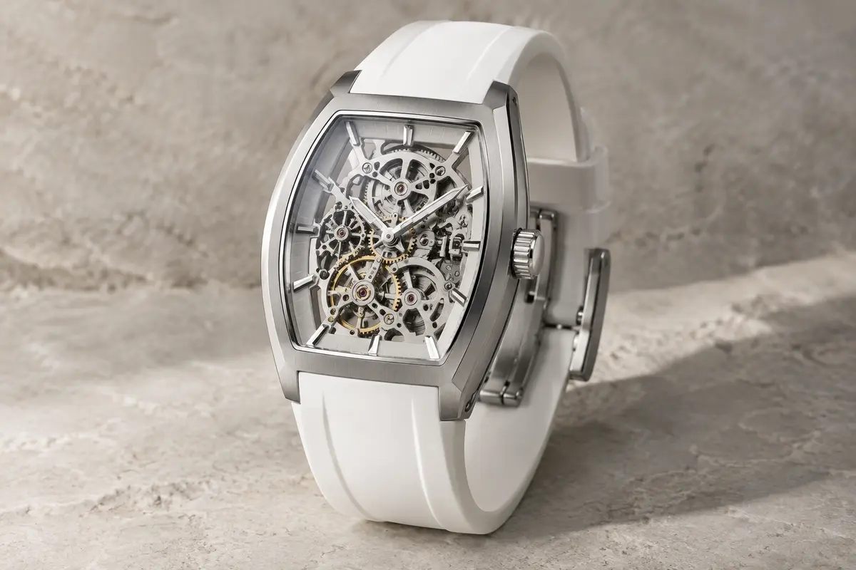 Montre Forsining à quartz avec cadran squelette en tonneau et bracelet en silicone blanc sur fond minéral ivoire.