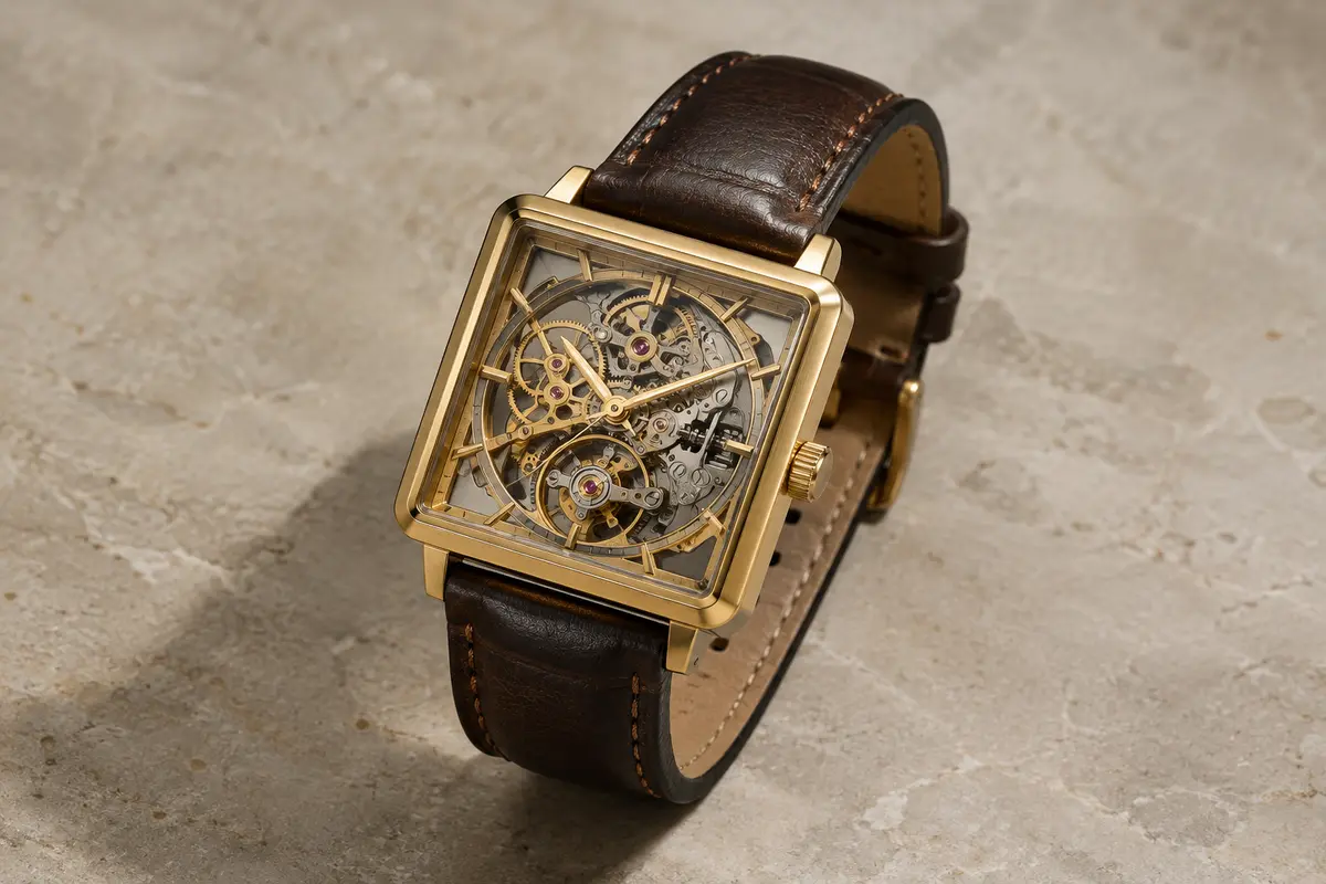 Montre mécanique carrée Forsining au cadran squelette, boîtier doré et bracelet en cuir véritable