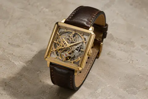 Montre mécanique carrée Forsining au cadran squelette, boîtier doré et bracelet en cuir véritable