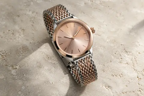 Montre automatique Carlie au cadran rose doré, boîtier rond et bracelet en maille d’acier