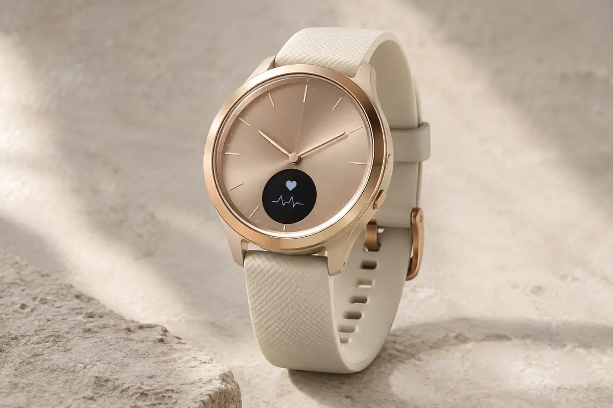 Montre hybride Garmin vívomove Sport à aiguilles analogiques, écran tactile et bracelet en silicone ivoire