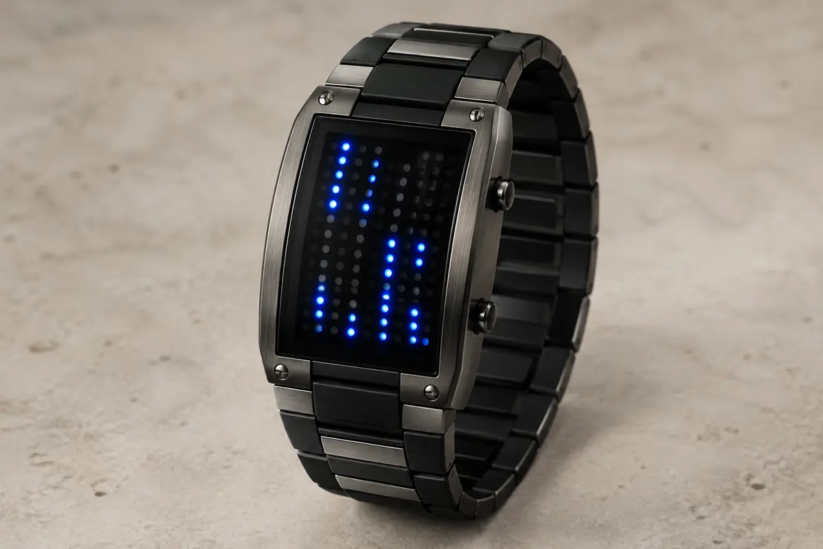 Montre binaire noire à deux rangées de LED, photographiée sur un fond minéral ivoire.