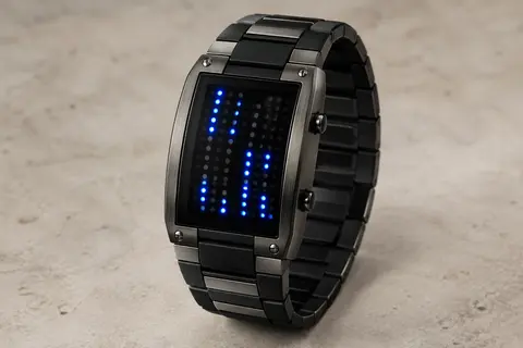 Montre binaire noire à deux rangées de LED, photographiée sur un fond minéral ivoire.