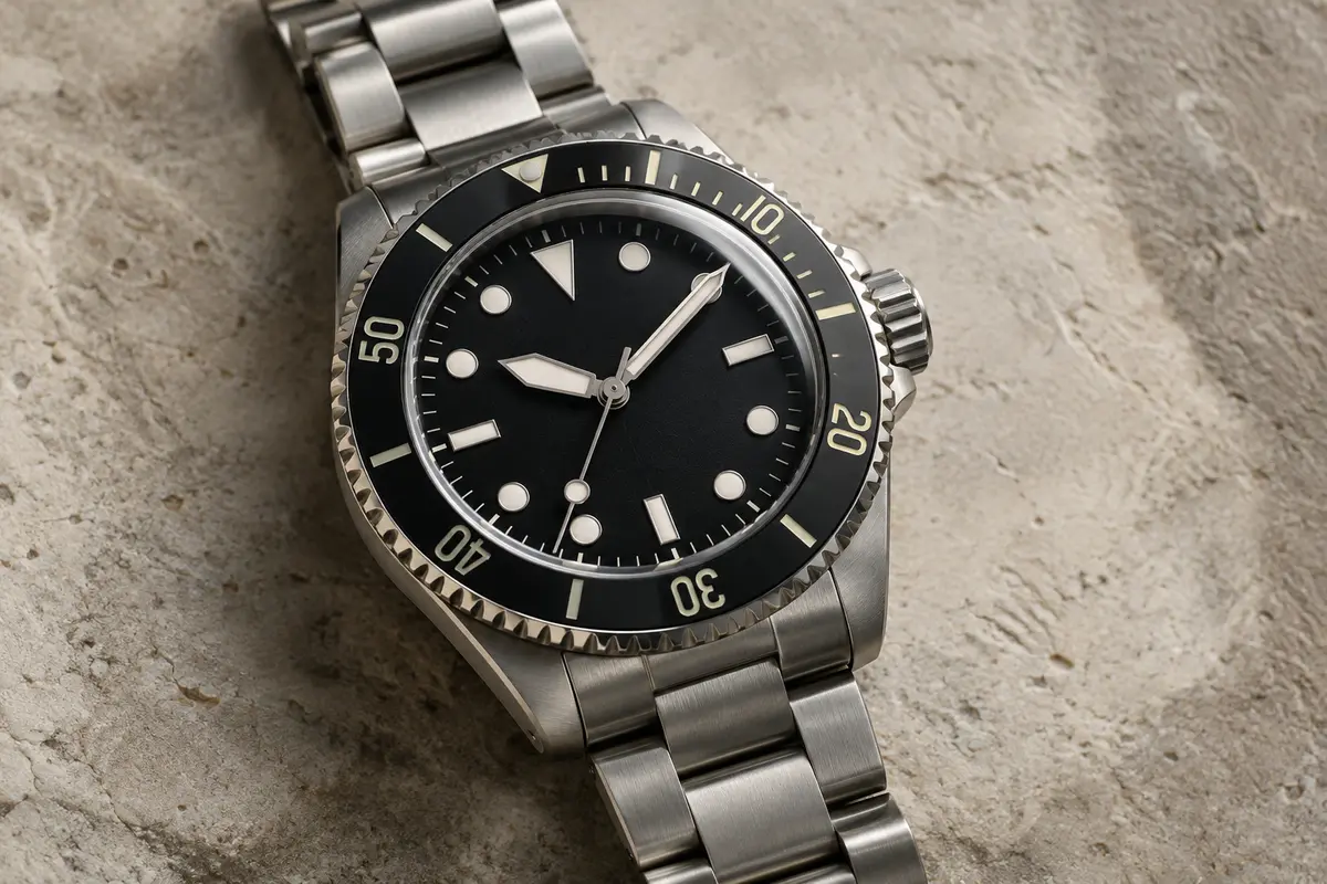 Montre de plongée à cadran noir, lunette tournante et bracelet en acier inoxydable sur fond minéral clair.