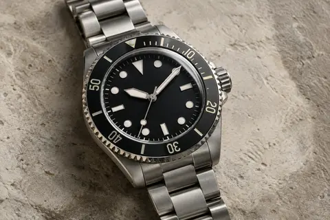 Montre de plongée à cadran noir, lunette tournante et bracelet en acier inoxydable sur fond minéral clair.