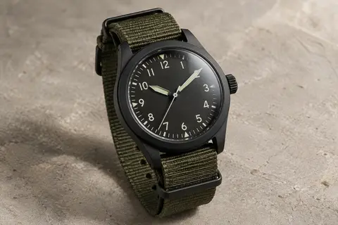 Montre Golden Hour à quartz, boîtier noir mat, cadran lumineux et bracelet en nylon vert militaire