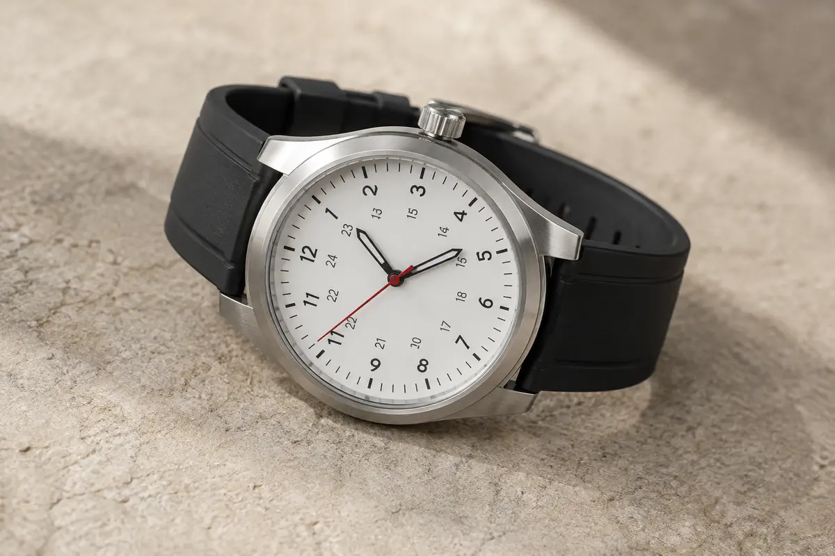 Montre Golden Hour à cadran blanc, trotteuse rouge et bracelet noir en silicone