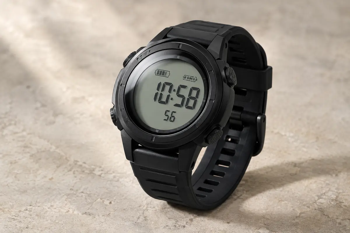 Montre de sport numérique noire à grand écran rétroéclairé, boîtier rond en résine et bracelet réglable