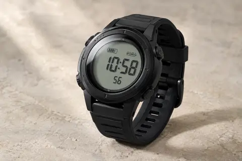 Montre de sport numérique noire à grand écran rétroéclairé, boîtier rond en résine et bracelet réglable