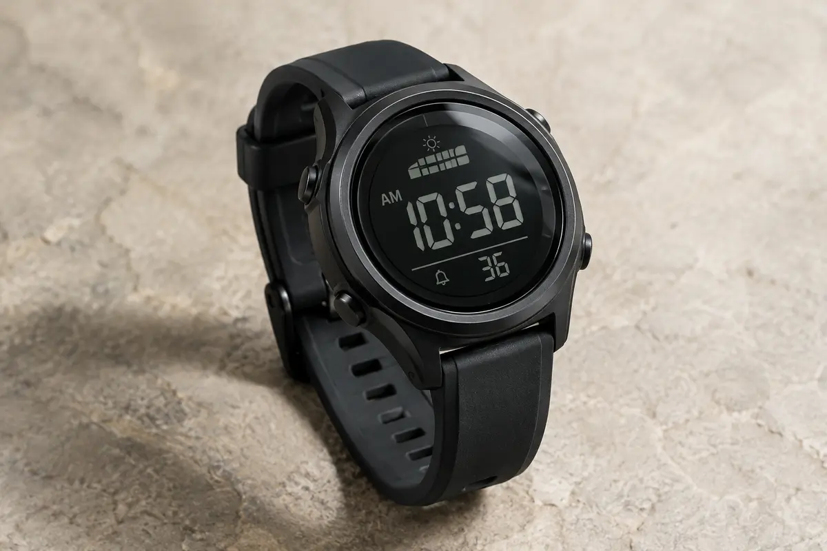 Montre digitale sportive noire à écran rétroéclairé, boîtier rond fin en résine et bracelet souple en caoutchouc.