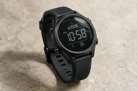 Montre digitale sportive noire à écran rétroéclairé, boîtier rond fin en résine et bracelet souple en caoutchouc.