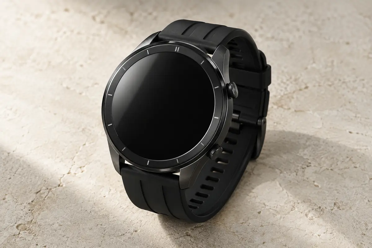 Montre connectée noire à cadran circulaire et bracelet assorti, photographiée sur un fond minéral ivoire.