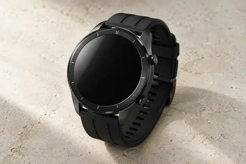 Montre connectée noire à cadran circulaire et bracelet assorti, photographiée sur un fond minéral ivoire.