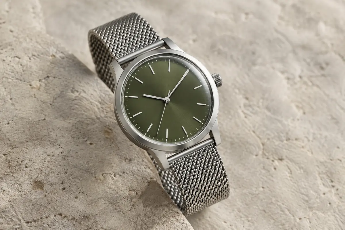 Montre Ice-Watch solaire à cadran vert olive, boîtier argenté et bracelet métallique en maille