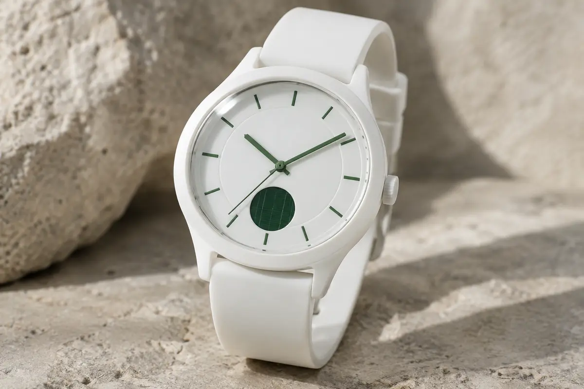 Montre solaire blanche à bracelet en silicone avec cadran épuré et détails verts, présentée sur fond minéral.