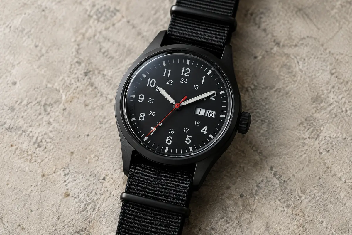 Montre de terrain noire à cadran contrasté, calendrier jour-date et bracelet NATO en nylon