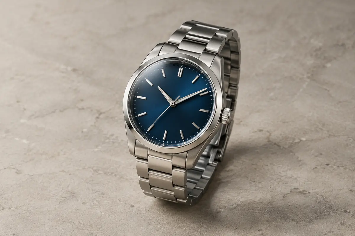 Montre automatique en acier argenté à cadran bleu, photographiée sur un fond minéral clair.